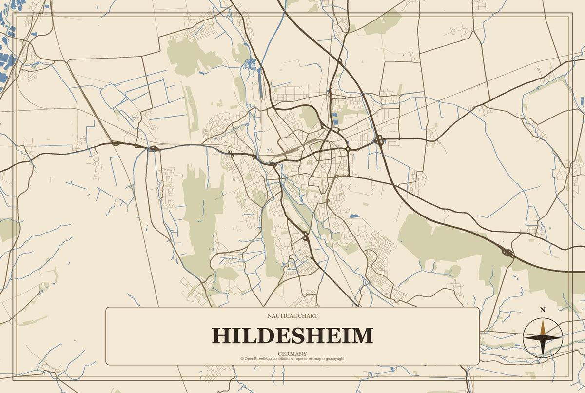 Hildesheim, Germany City Map Aluminum Sign in Heritage Nautical style