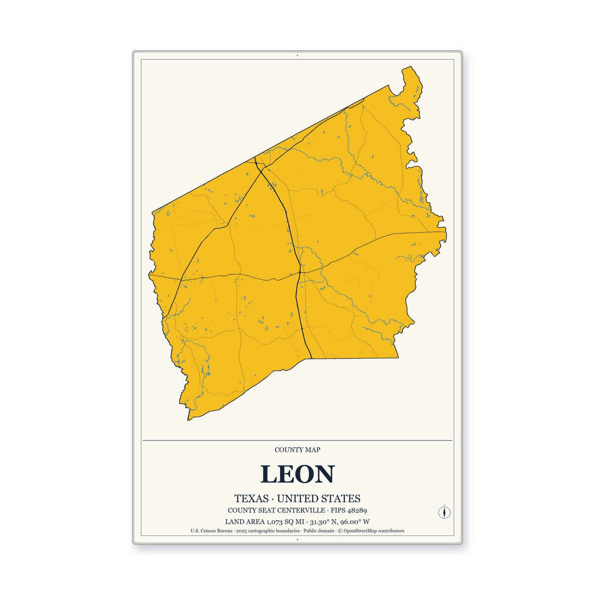 Leon County, Texas Map Aluminum Sign in Citrine Modern style