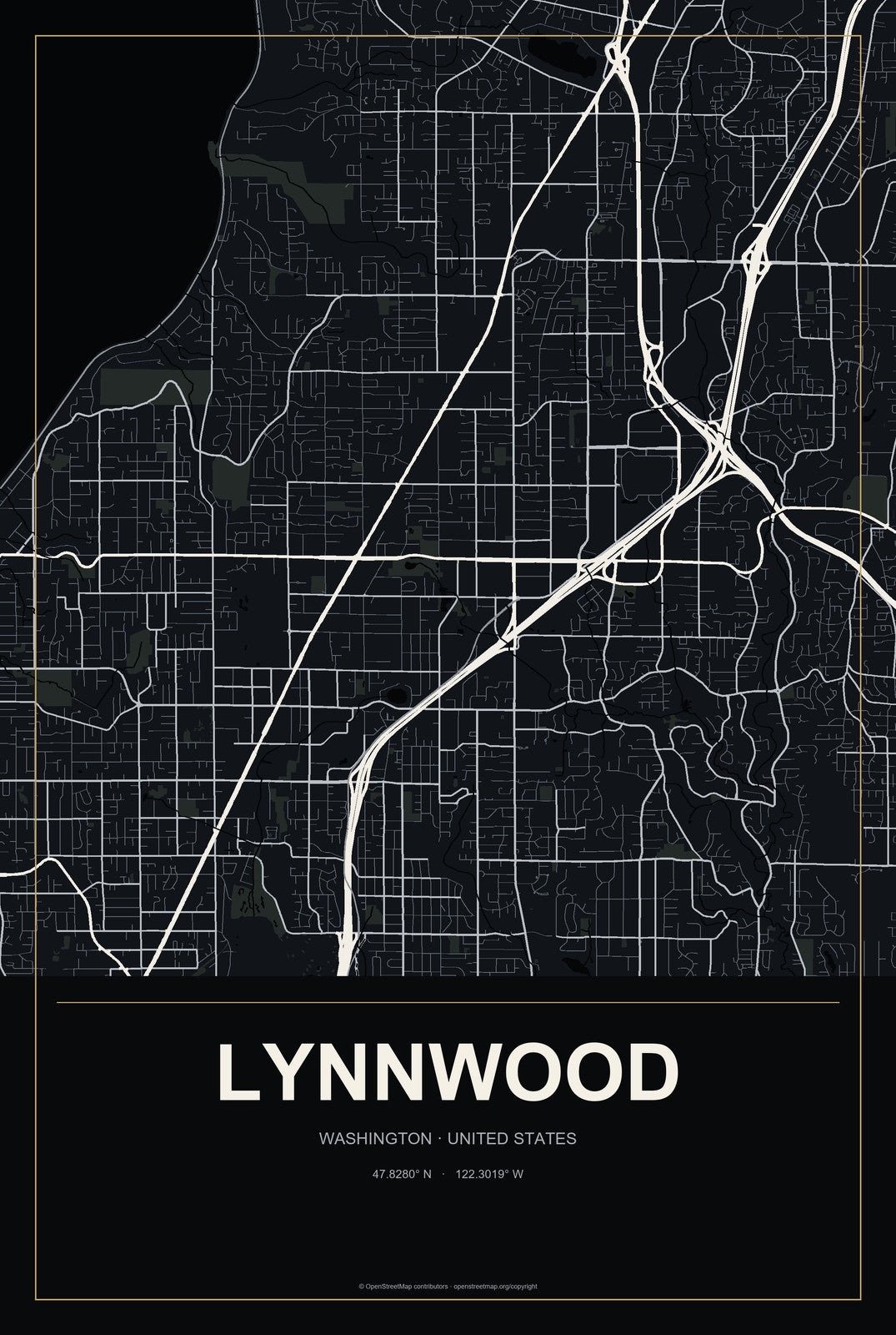 Lynnwood, Washington City Map Aluminum Sign in Metropolitan Noir style