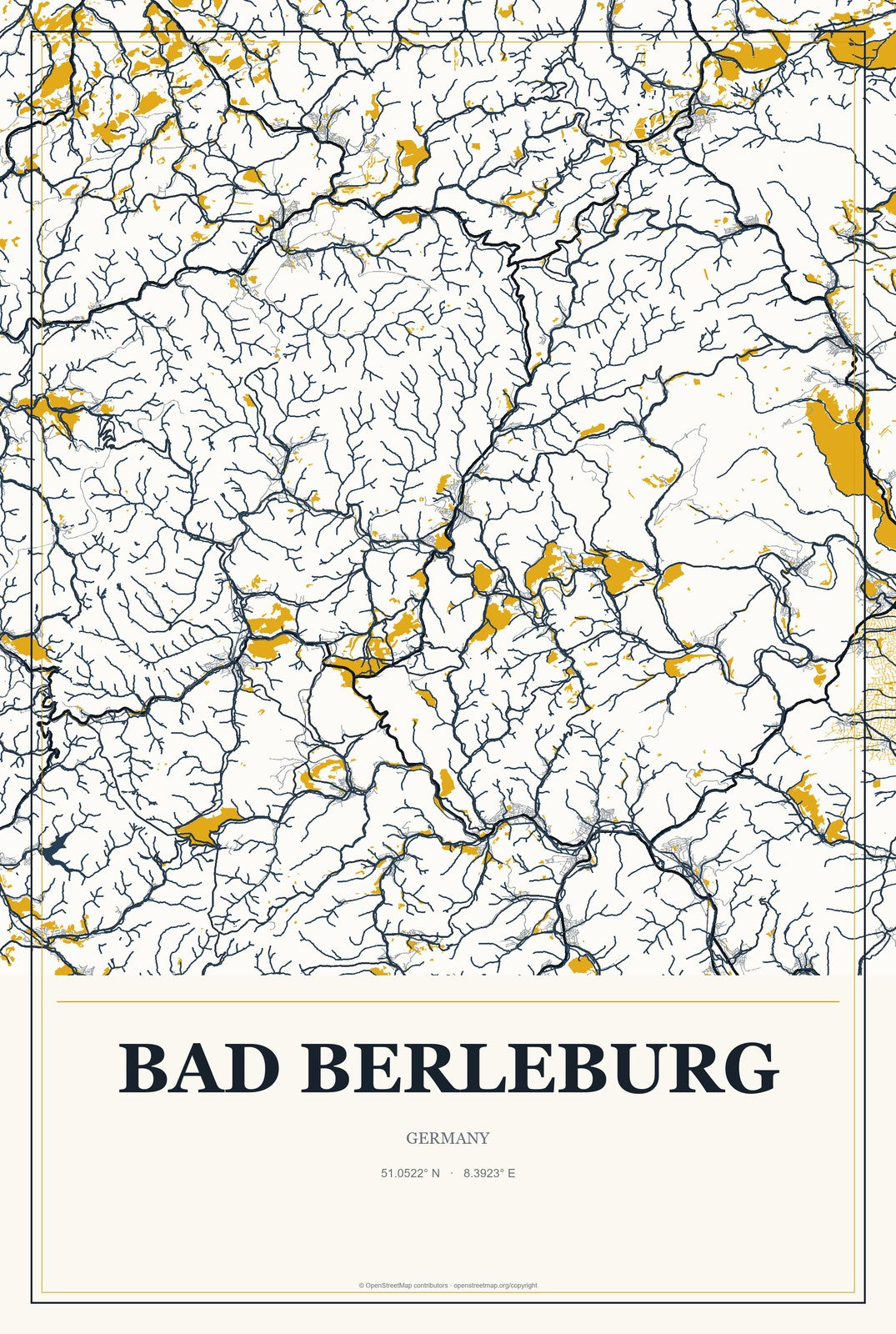 Bad Berleburg, Germany City Map Aluminum Sign in Citrine Modern style