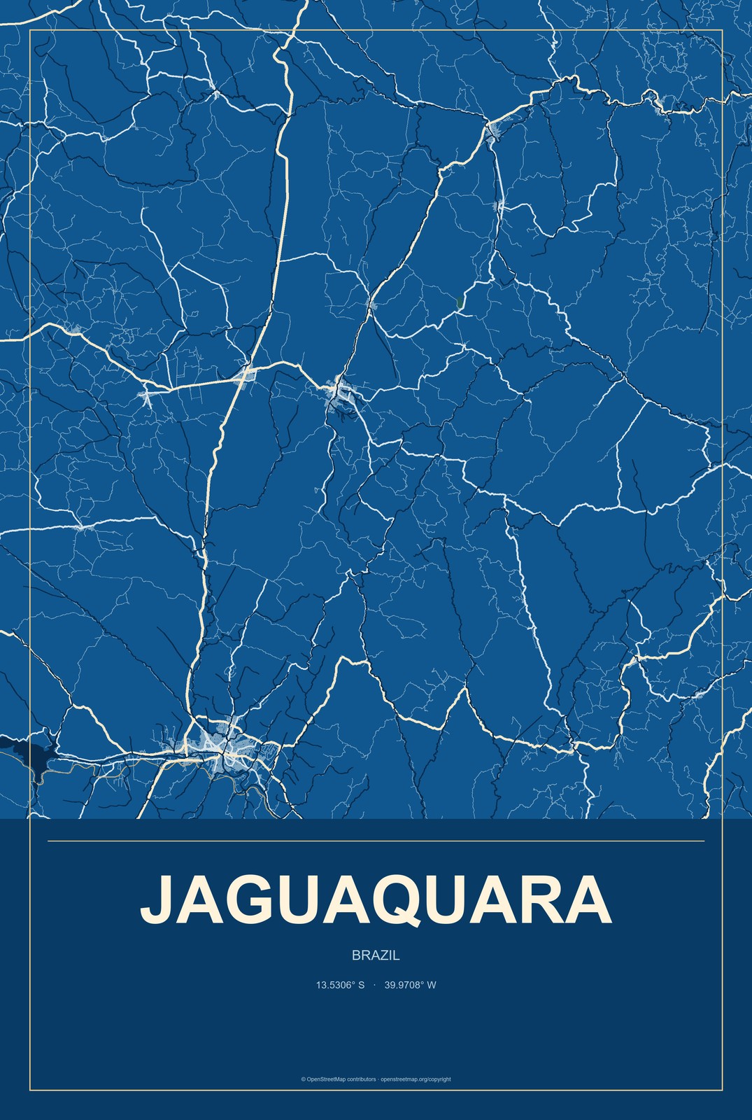 Jaguaquara, Brazil City Map Aluminum Sign in Harbor Cobalt style