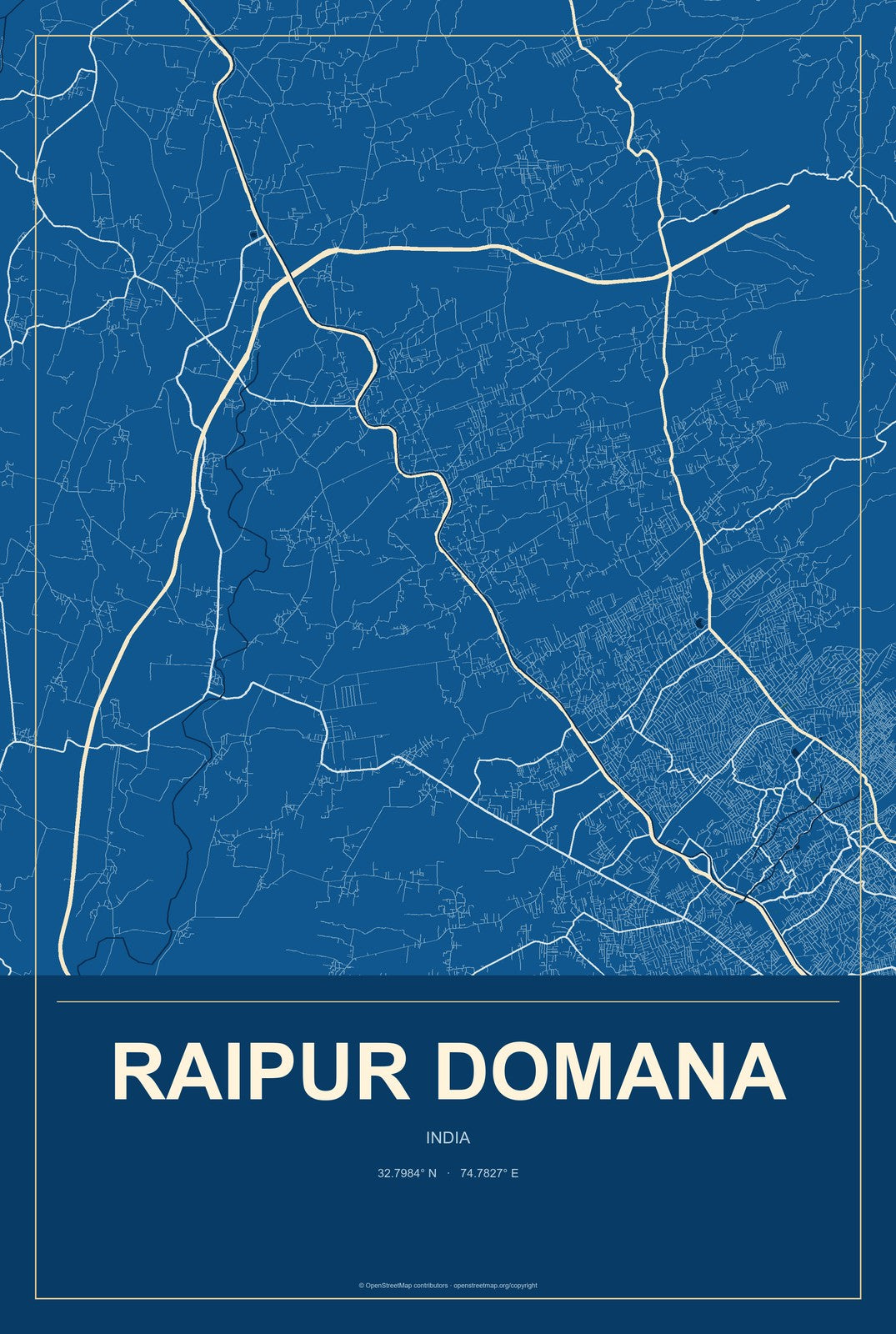 Raipur Domana, India City Map Aluminum Sign in Harbor Cobalt style