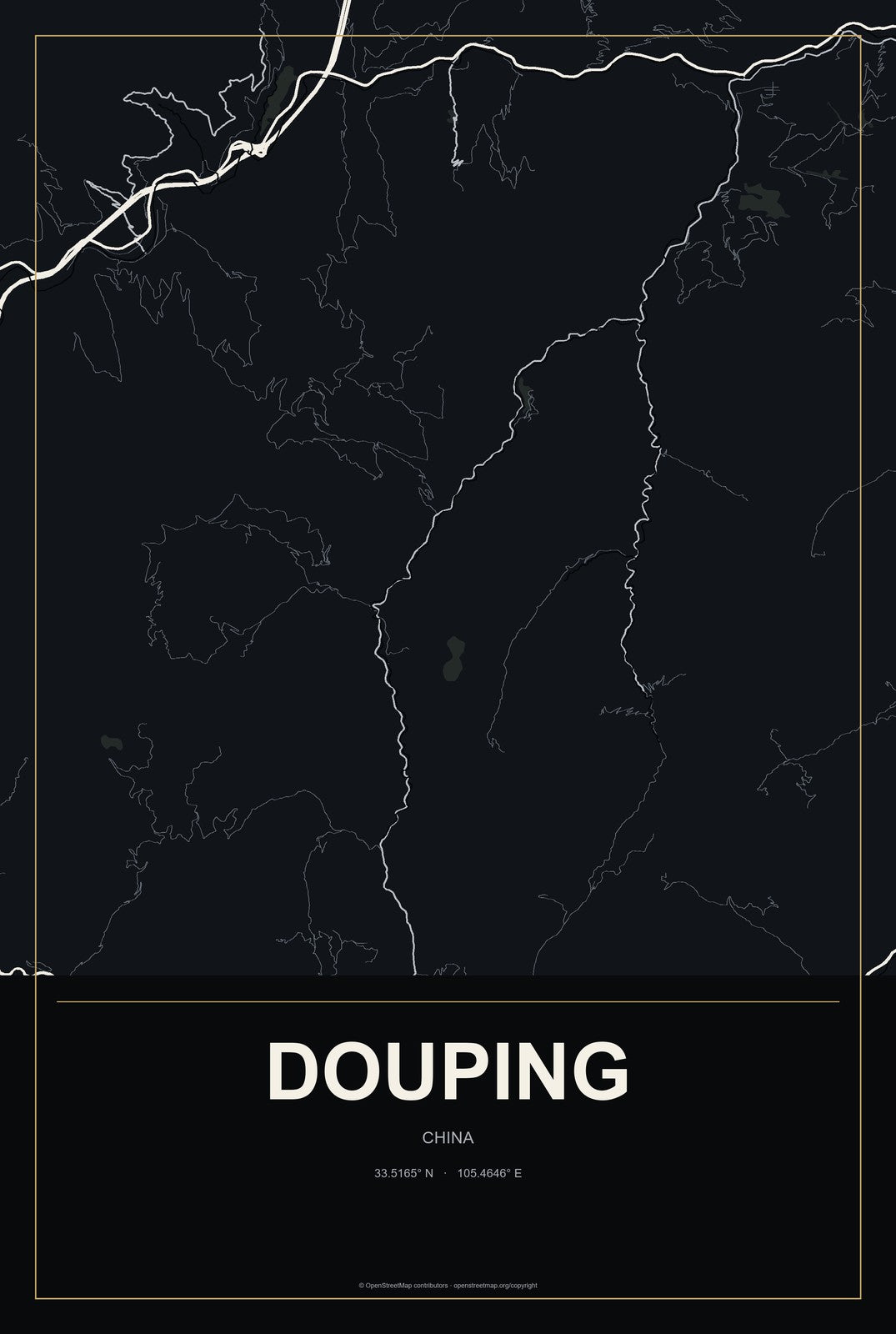 Douping, China City Map Aluminum Sign in Metropolitan Noir style