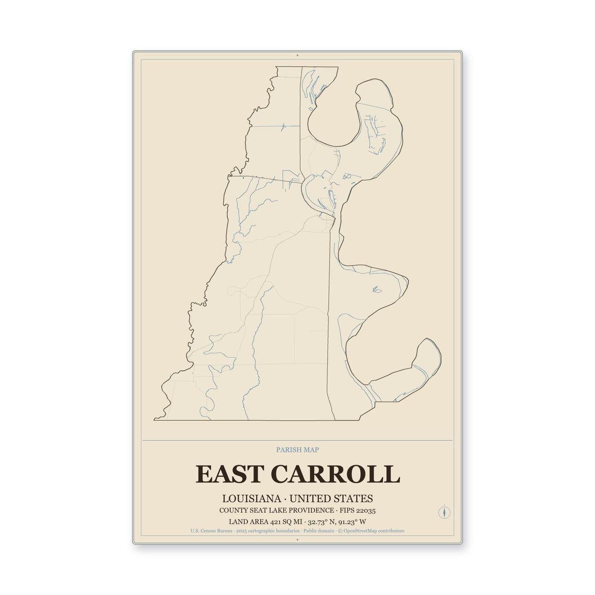 East Carroll Parish, Louisiana Map Aluminum Sign in Heritage Nautical style