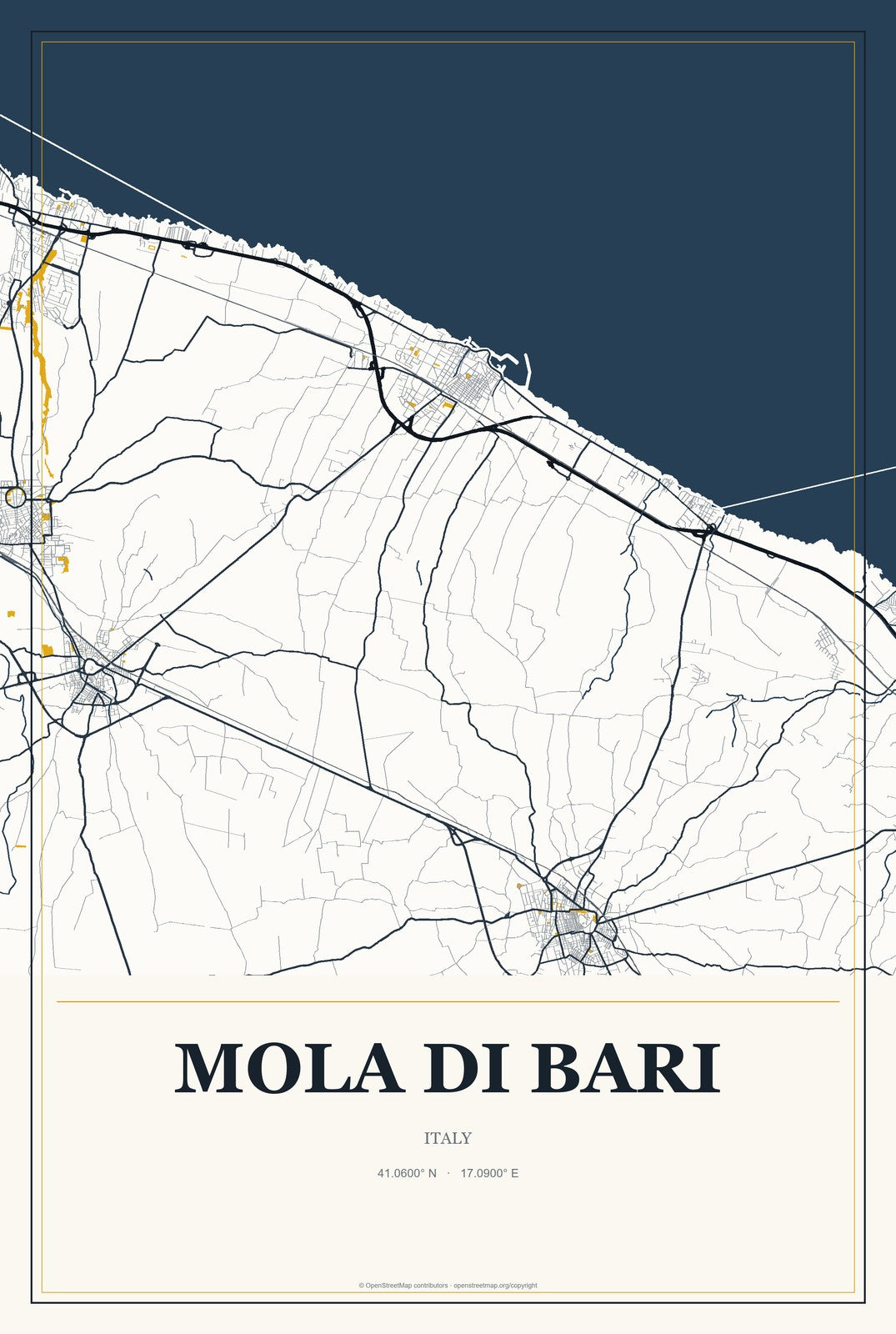 Mola di Bari, Italy City Map Aluminum Sign in Citrine Modern style