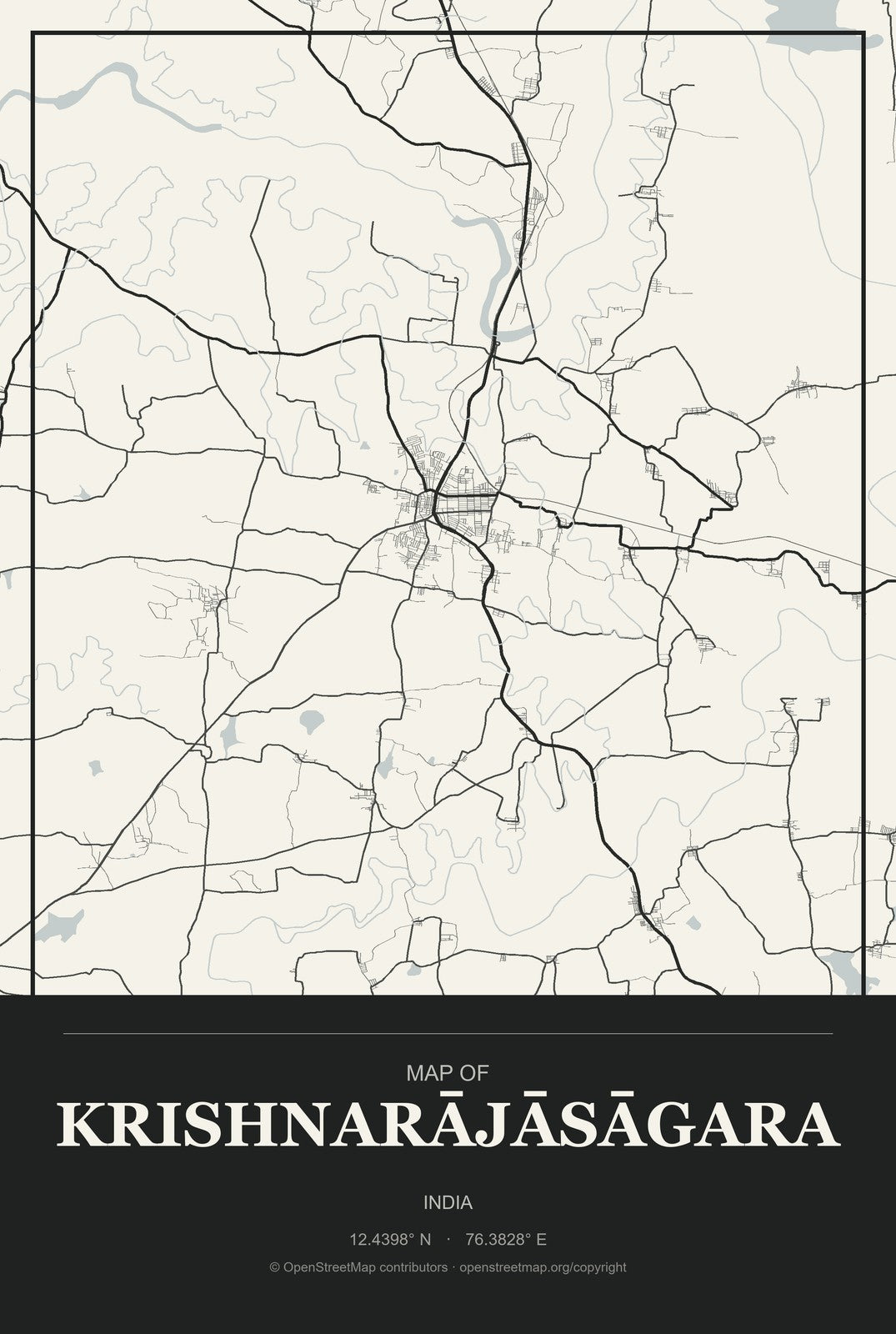 Krishnarājāsāgara, India City Map Aluminum Sign in Museum Plaque style