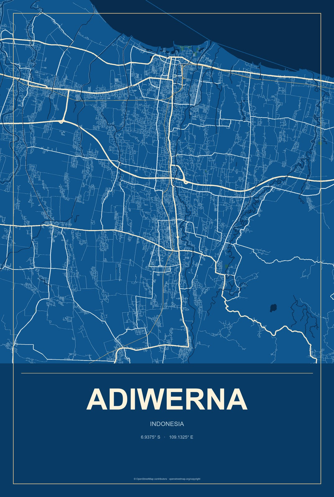 Adiwerna, Indonesia City Map Aluminum Sign in Harbor Cobalt style
