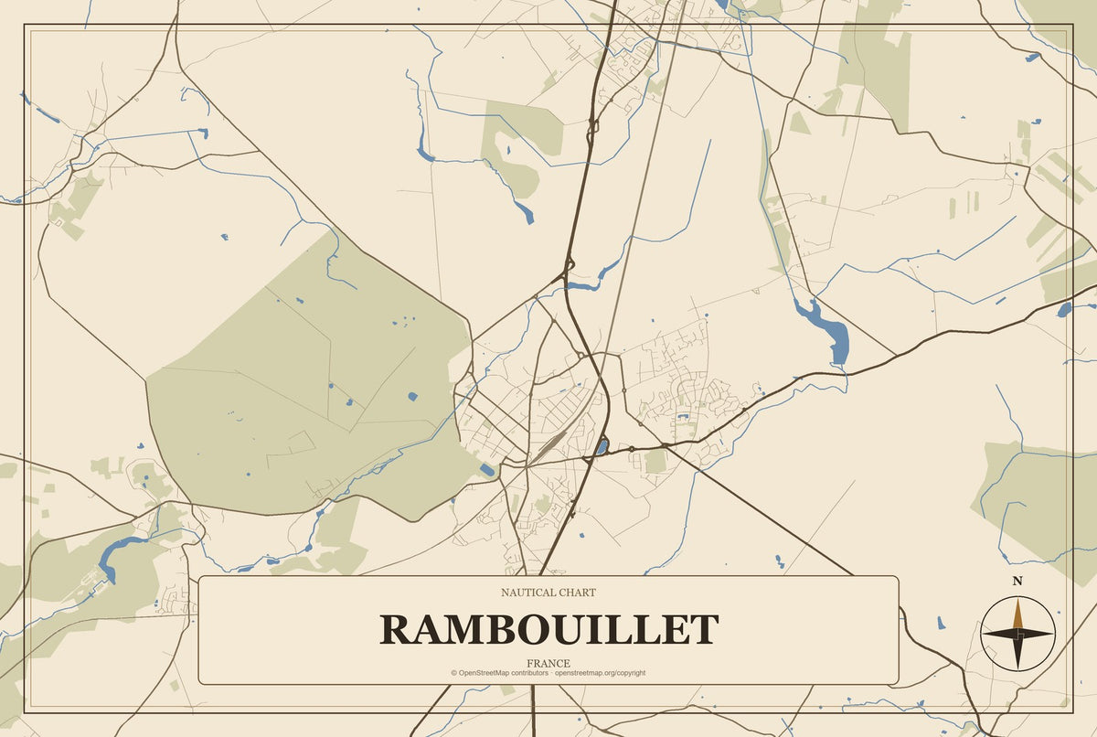 Rambouillet, France City Map Aluminum Sign in Heritage Nautical style