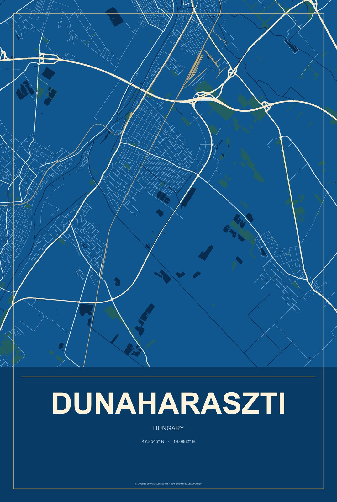 Dunaharaszti, Hungary City Map Aluminum Sign in Harbor Cobalt style