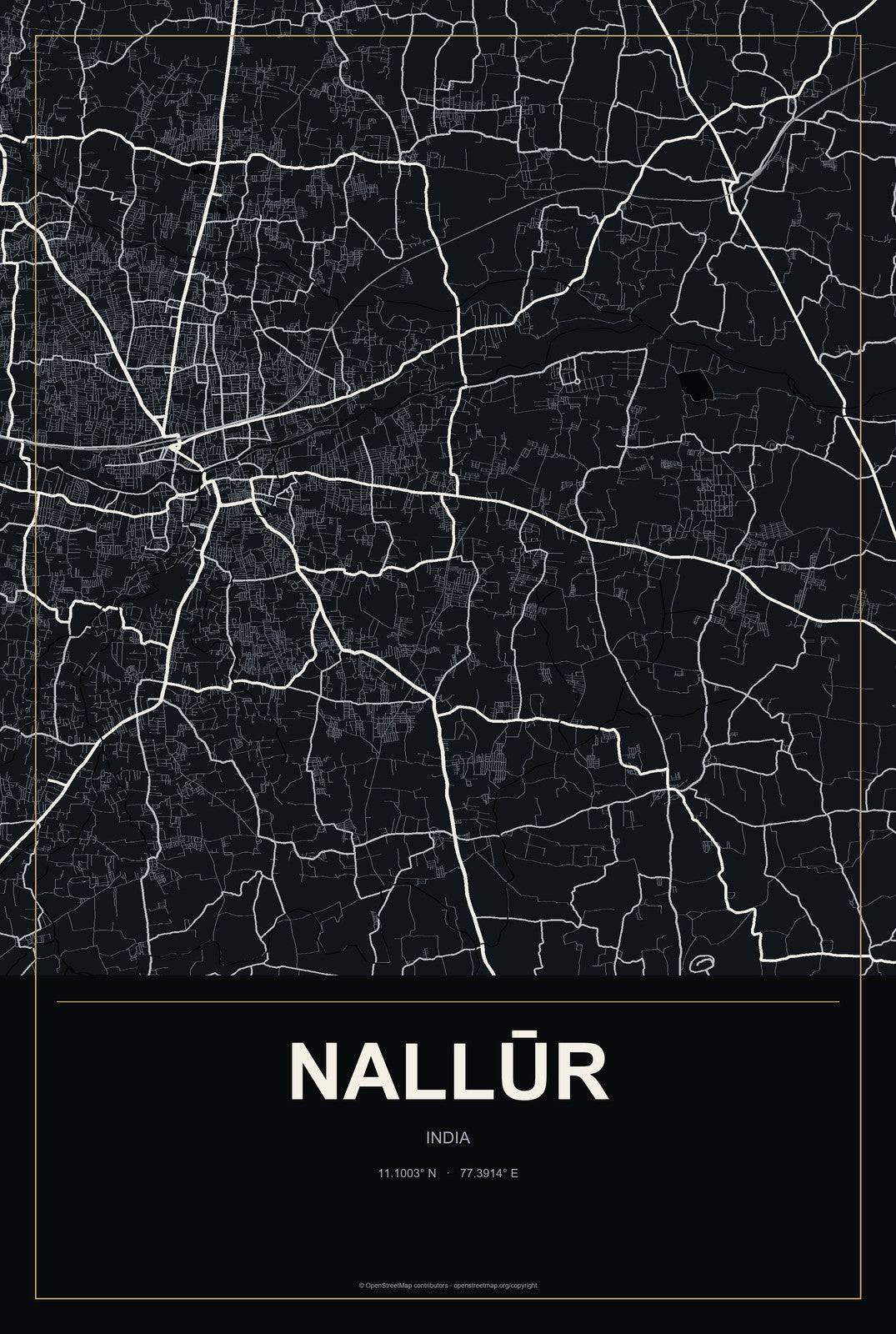 Nallūr, India City Map Aluminum Sign in Metropolitan Noir style