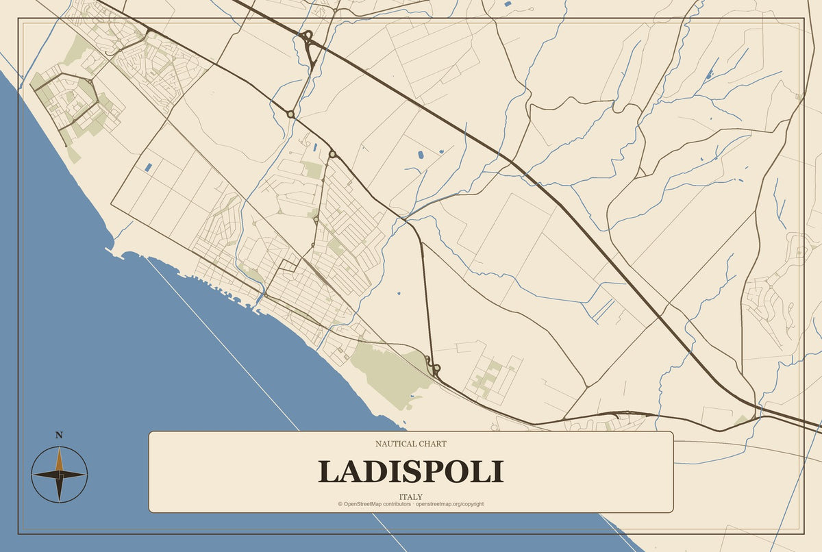 Ladispoli, Italy City Map Aluminum Sign in Heritage Nautical style