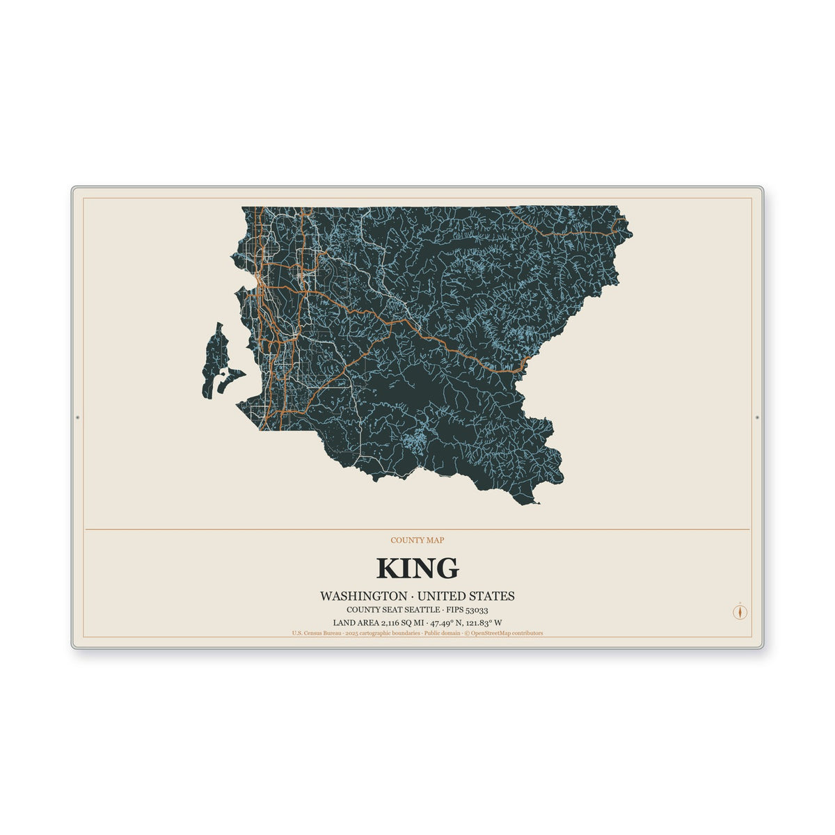 King County, Washington Map Aluminum Sign in Headline Atlas style