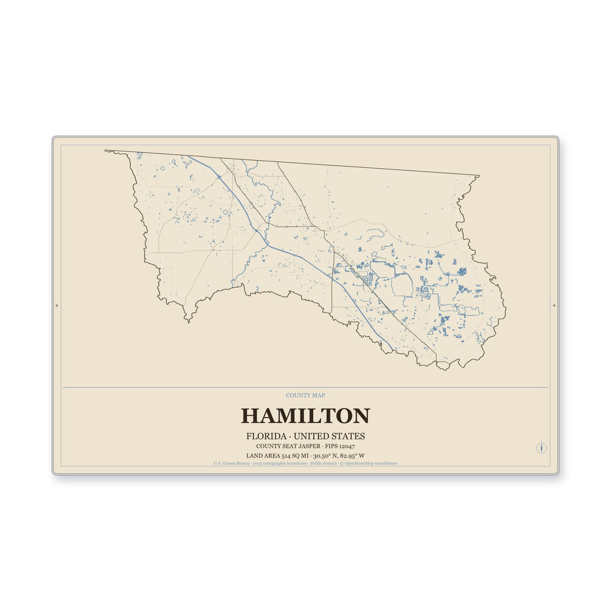 Hamilton County, Florida Map Aluminum Sign in Heritage Nautical style