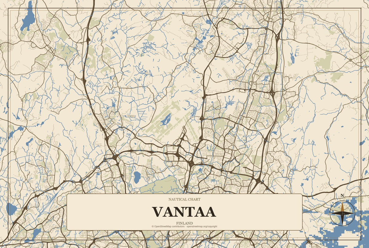 Vantaa, Finland City Map Aluminum Sign in Heritage Nautical style