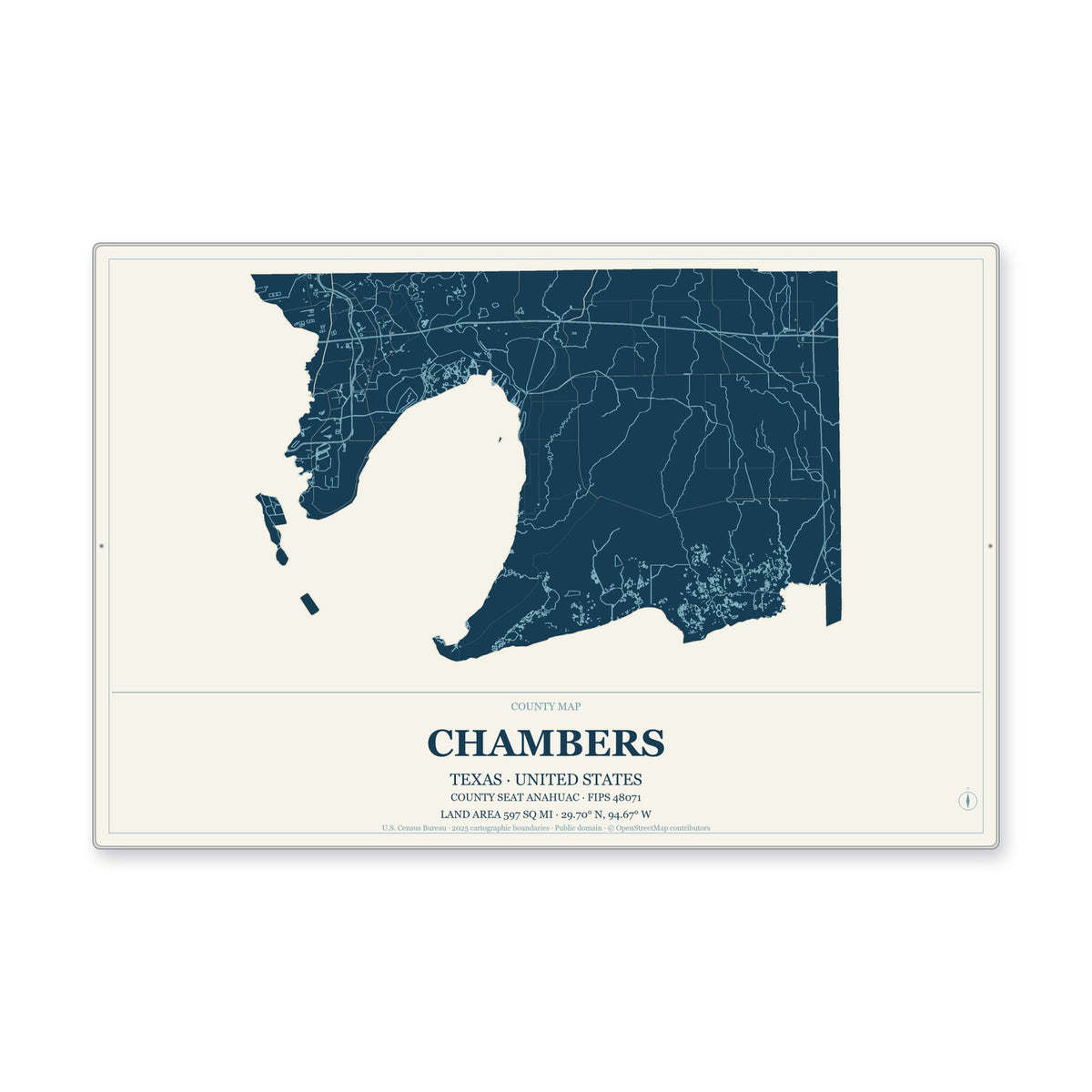 Chambers County, Texas Map Aluminum Sign in Coastal Cutout style