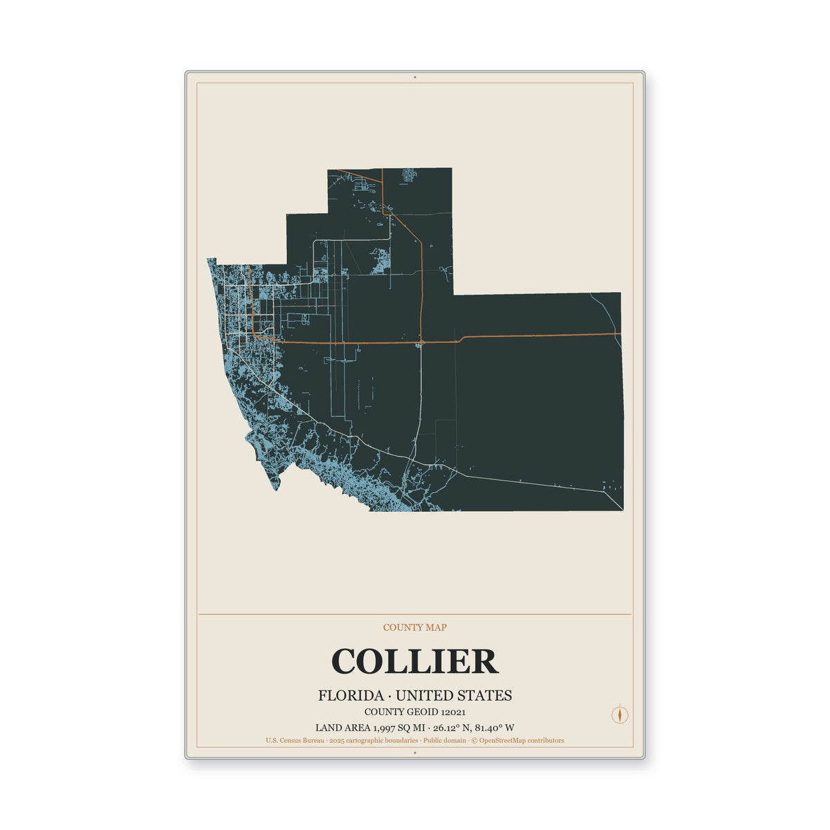Collier County, Florida Map Aluminum Sign in Headline Atlas style