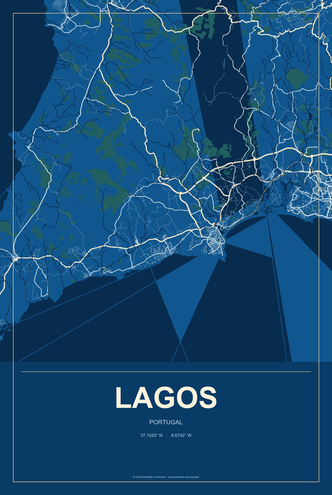 Lagos, Portugal City Map Aluminum Sign in Harbor Cobalt style