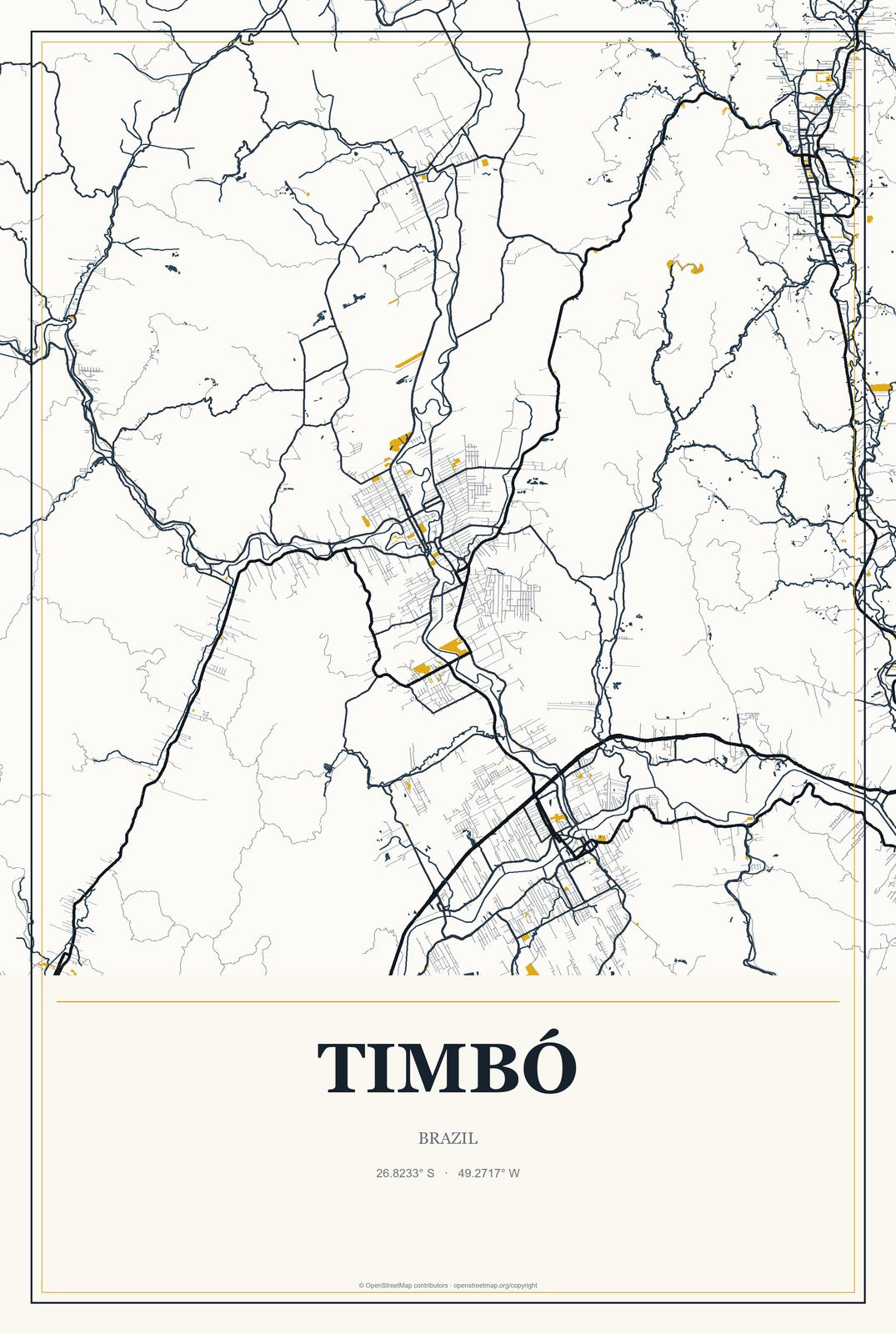 Timbó, Brazil City Map Aluminum Sign in Citrine Modern style