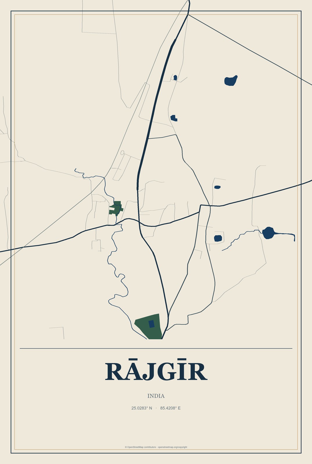Rājgīr, India City Map Aluminum Sign in Coastal Cutout style