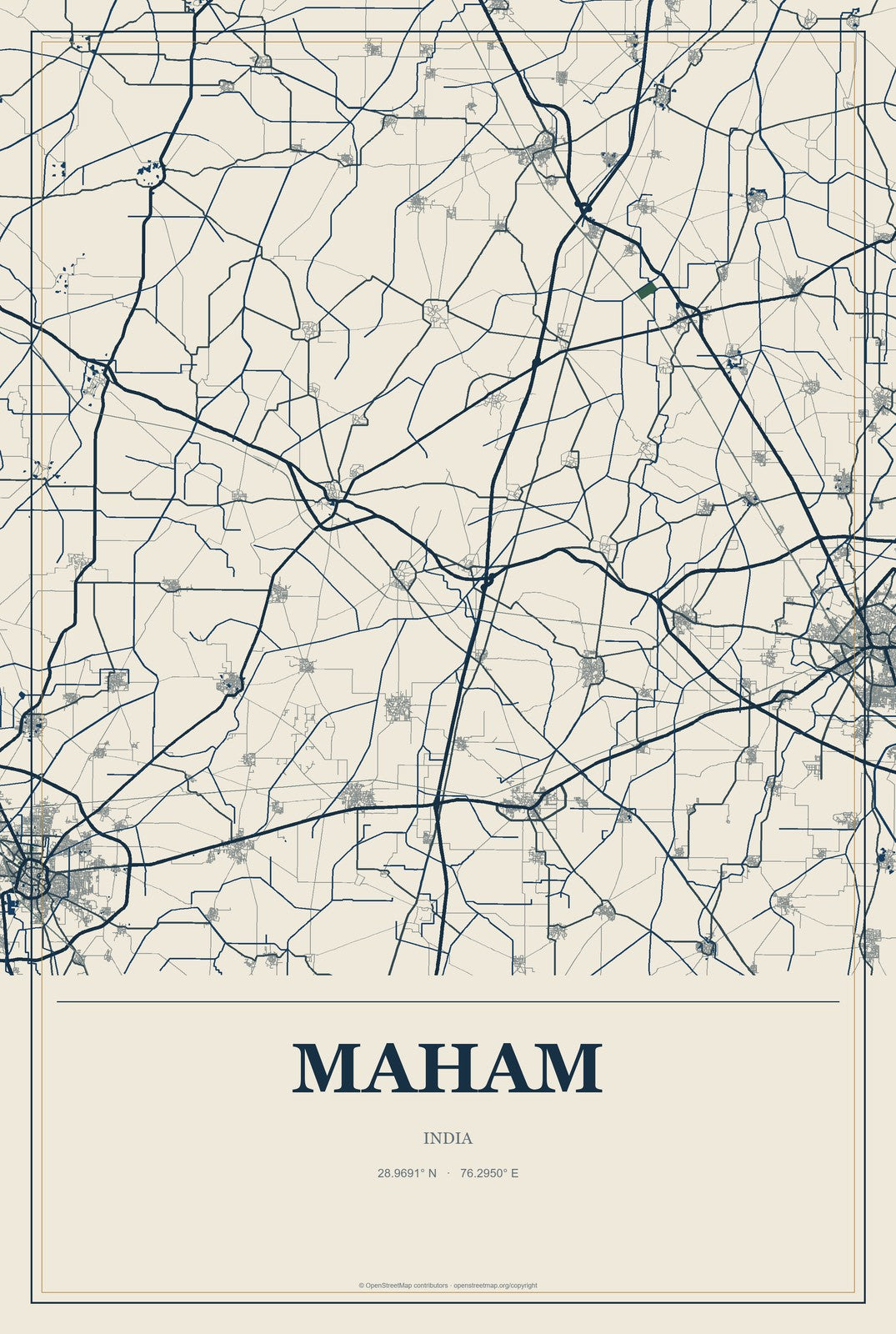 Maham, India City Map Aluminum Sign in Coastal Cutout style