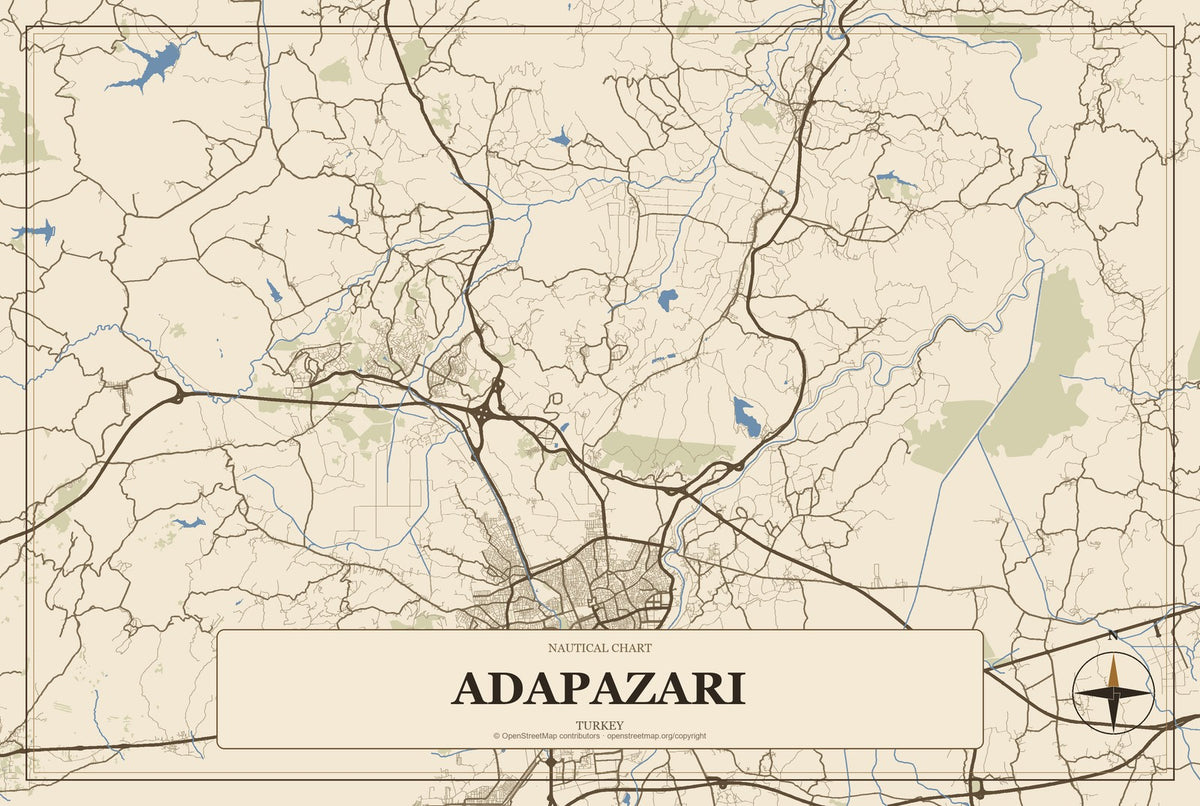 Adapazarı, Turkey City Map Aluminum Sign in Heritage Nautical style