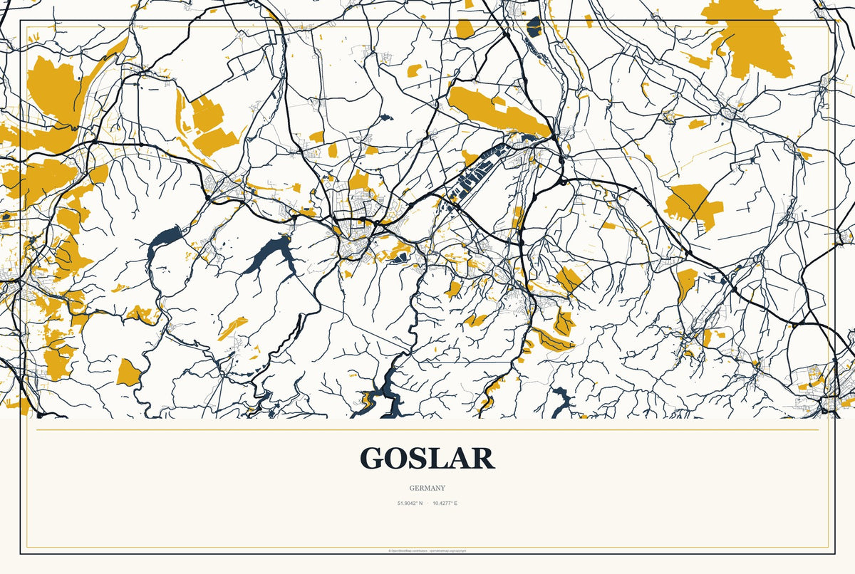 Goslar, Germany City Map Aluminum Sign in Citrine Modern style