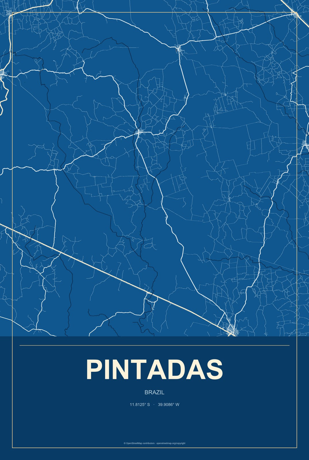 Pintadas, Brazil City Map Aluminum Sign in Harbor Cobalt style
