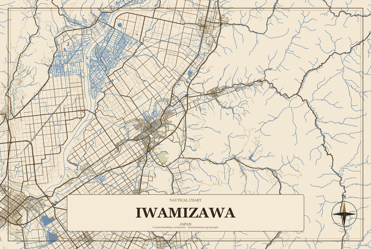 Iwamizawa, Japan City Map Aluminum Sign in Heritage Nautical style