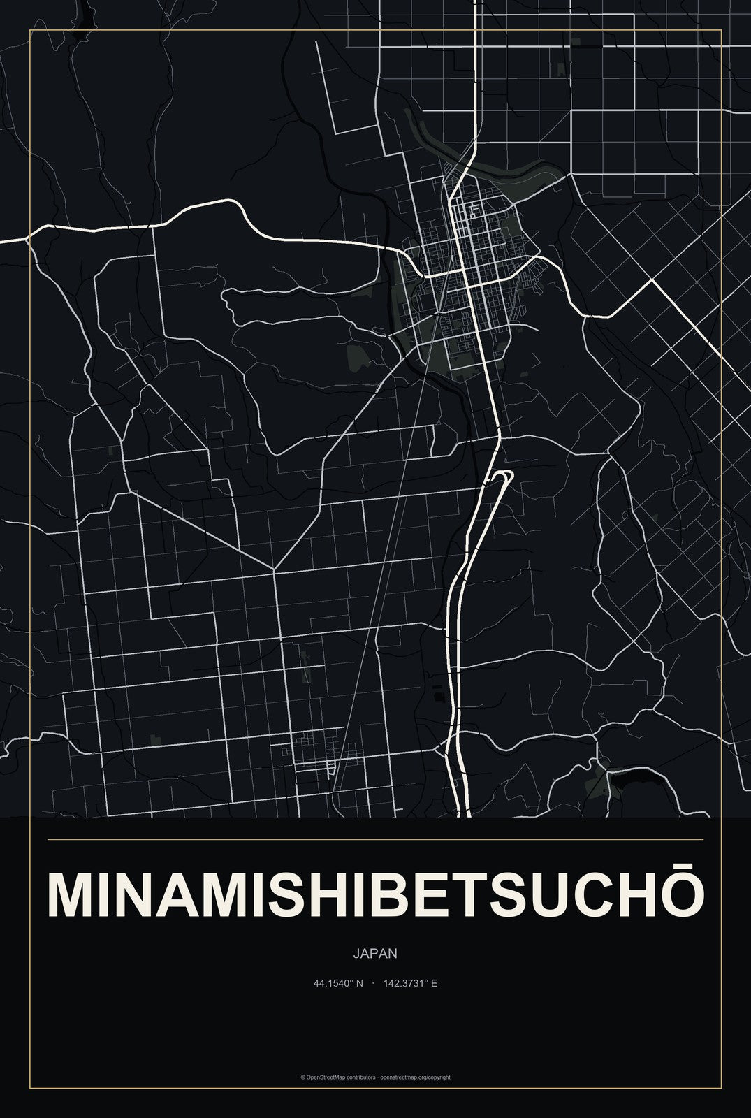 Minamishibetsuchō, Japan City Map Aluminum Sign in Metropolitan Noir style