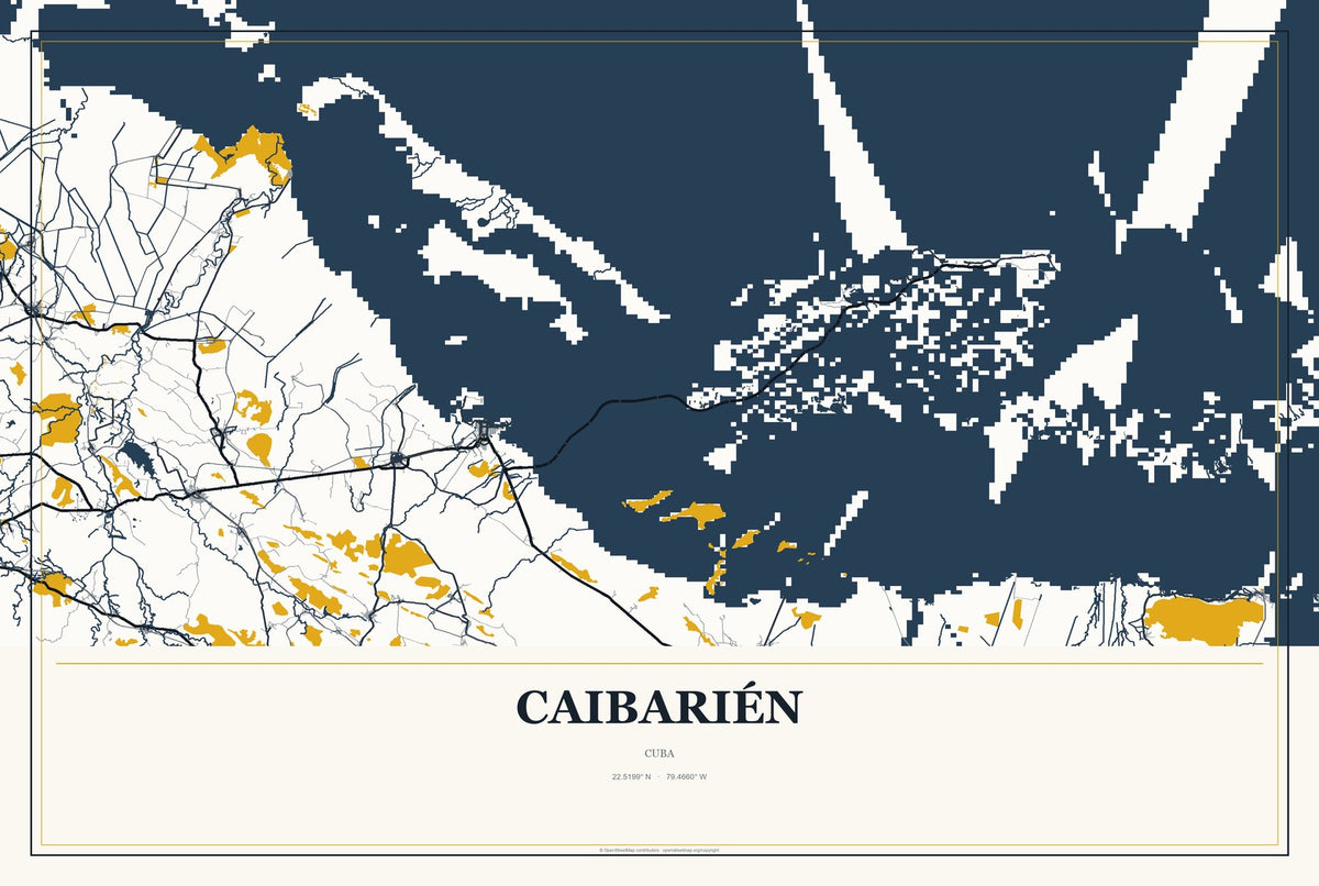 Caibarién, Cuba City Map Aluminum Sign in Citrine Modern style