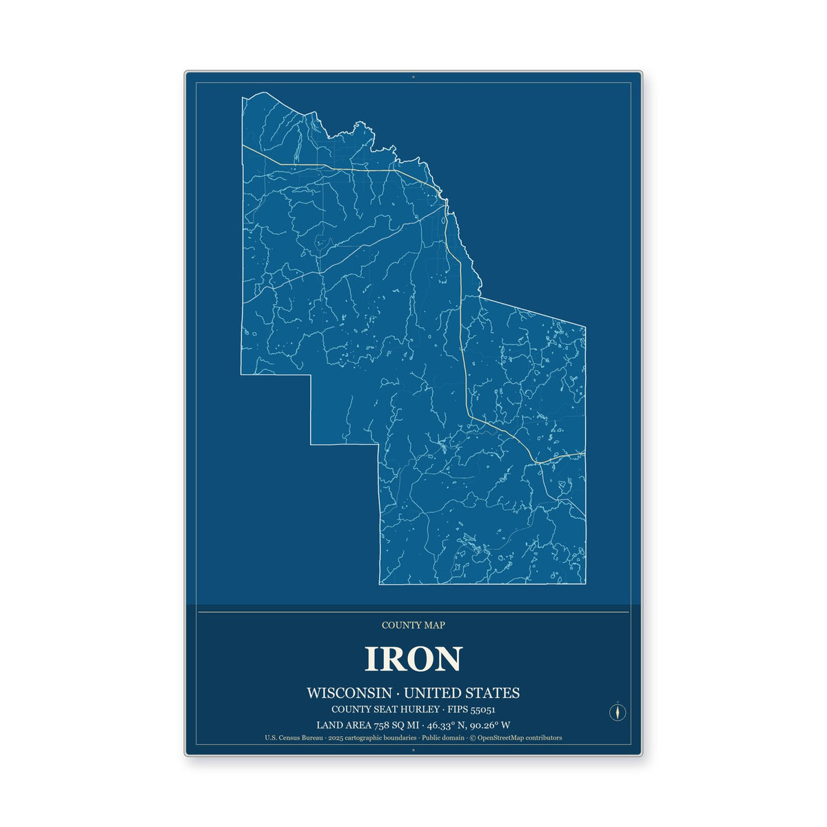 Iron County, Wisconsin Map Aluminum Sign in Harbor Cobalt style