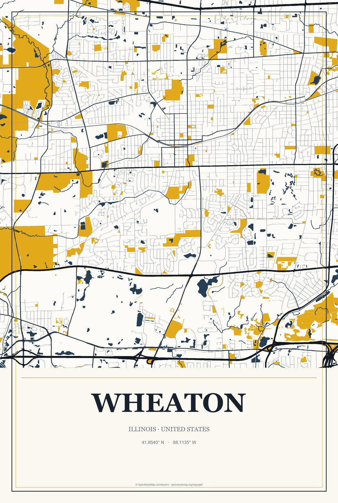 Wheaton, Illinois City Map Aluminum Sign in Citrine Modern style