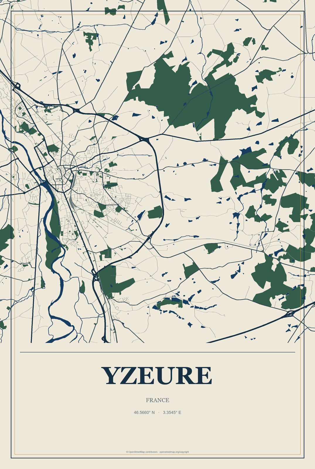 Yzeure, France City Map Aluminum Sign in Coastal Cutout style