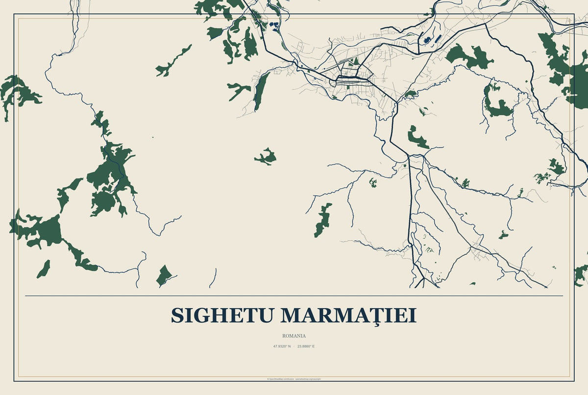 Sighetu Marmaţiei, Romania City Map Aluminum Sign in Coastal Cutout style
