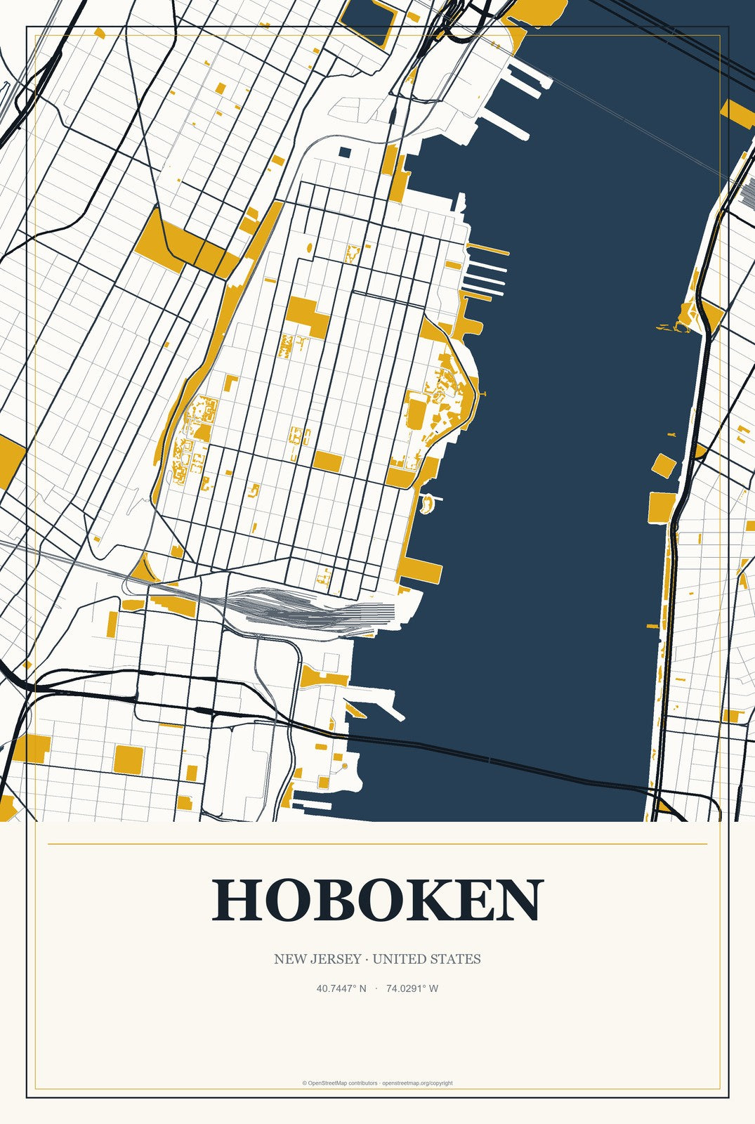 Hoboken, New Jersey City Map Aluminum Sign in Citrine Modern style