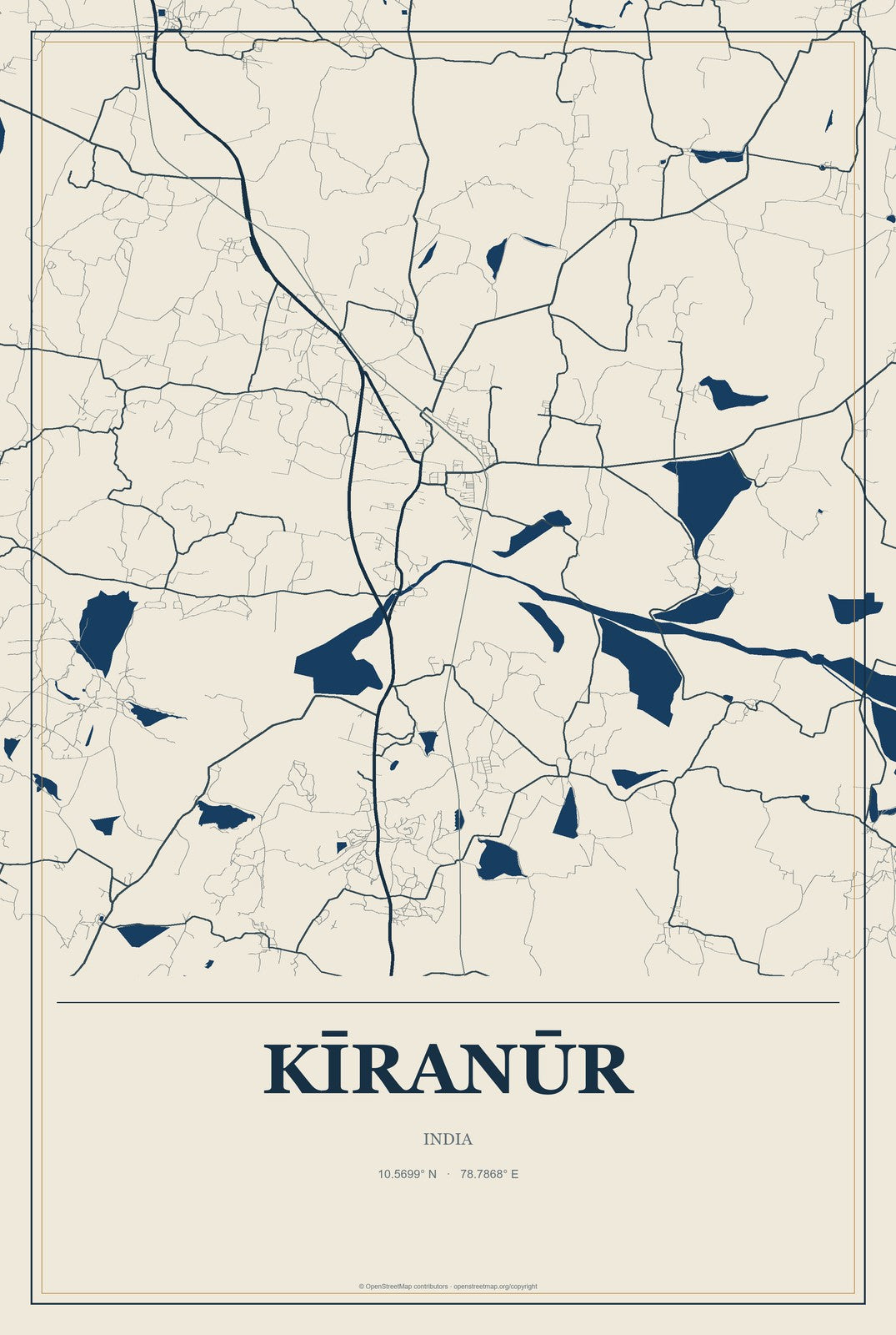 Kīranūr, India City Map Aluminum Sign in Coastal Cutout style