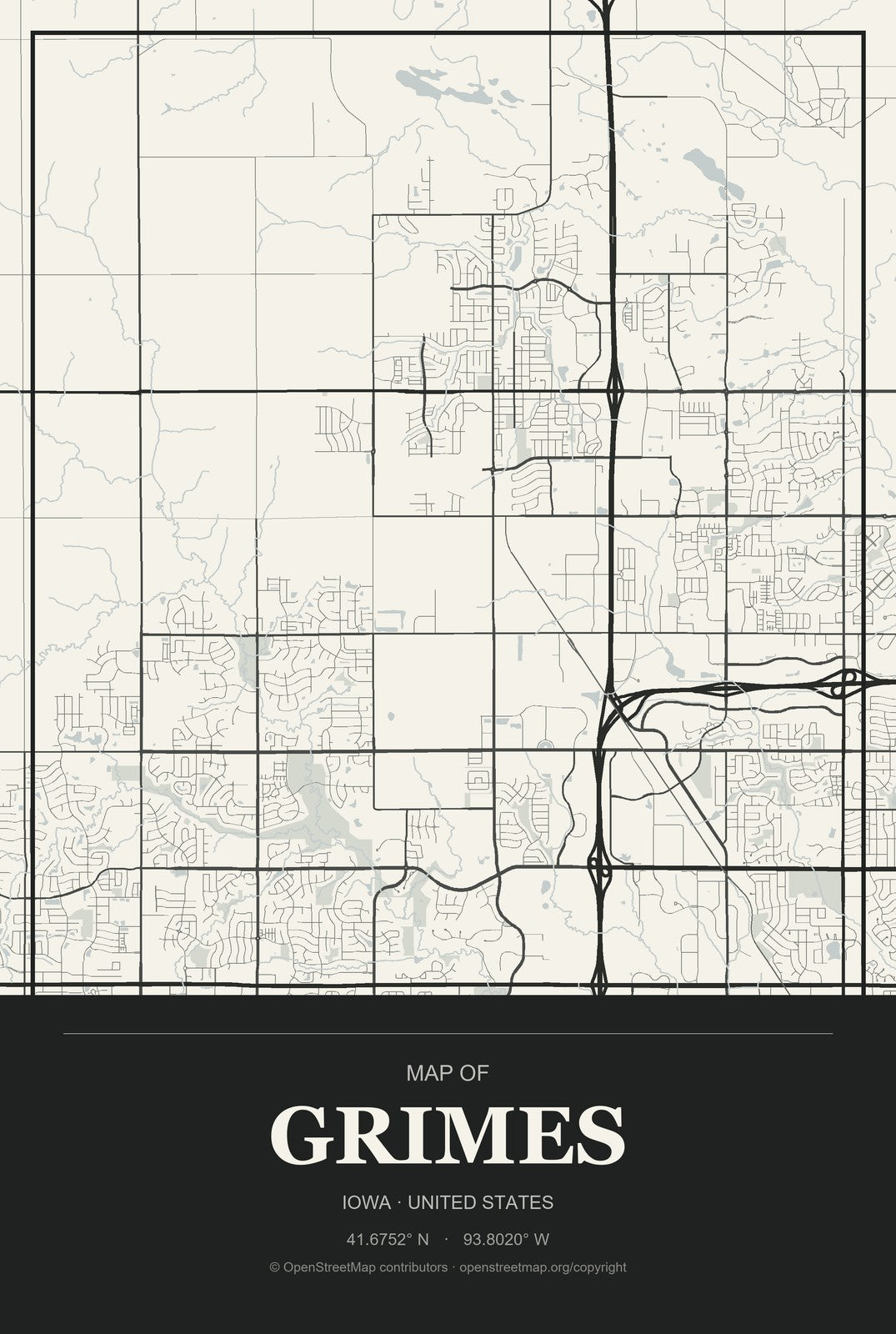 Grimes, Iowa City Map Aluminum Sign in Museum Plaque style