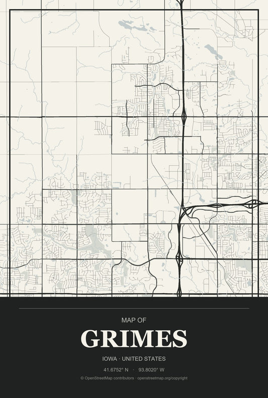 Grimes, Iowa City Map Aluminum Sign in Museum Plaque style