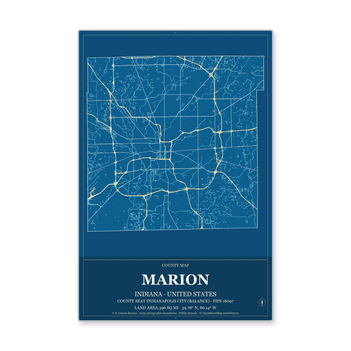 Marion County, Indiana Map Aluminum Sign in Harbor Cobalt style