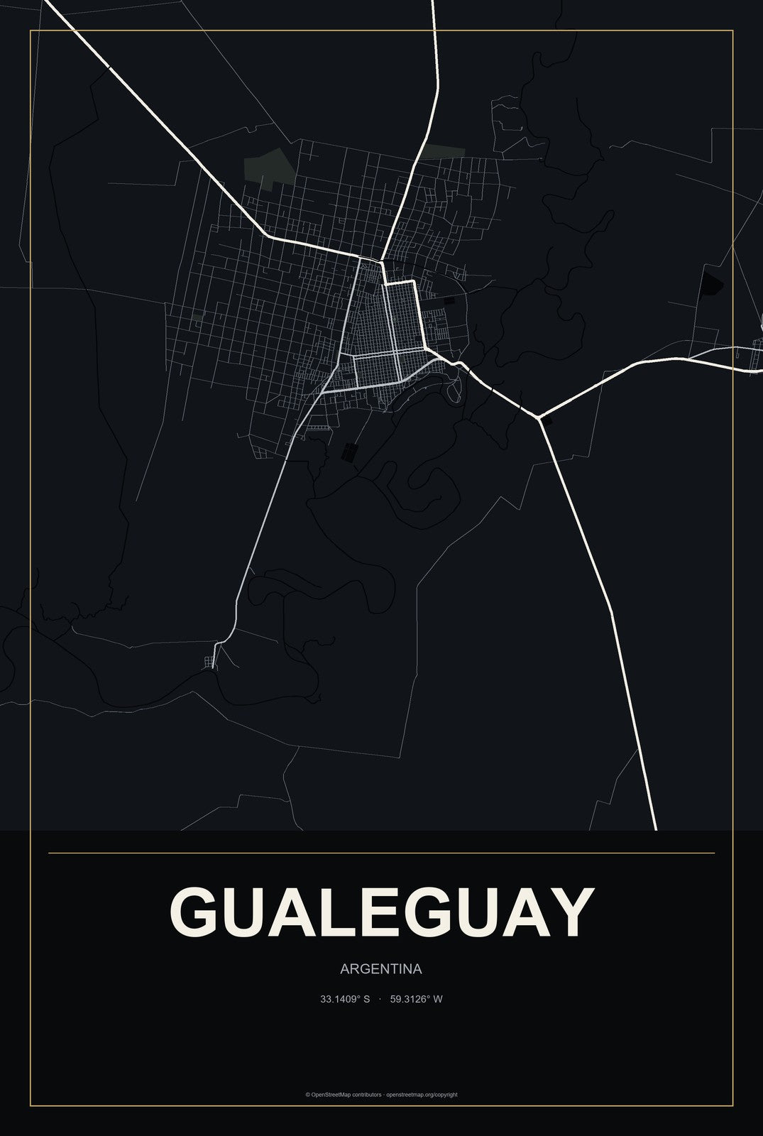 Gualeguay, Argentina City Map Aluminum Sign in Metropolitan Noir style
