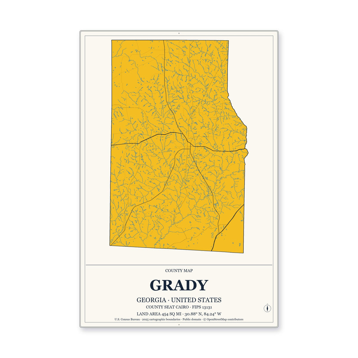 Grady County, Georgia Map Aluminum Sign in Citrine Modern style