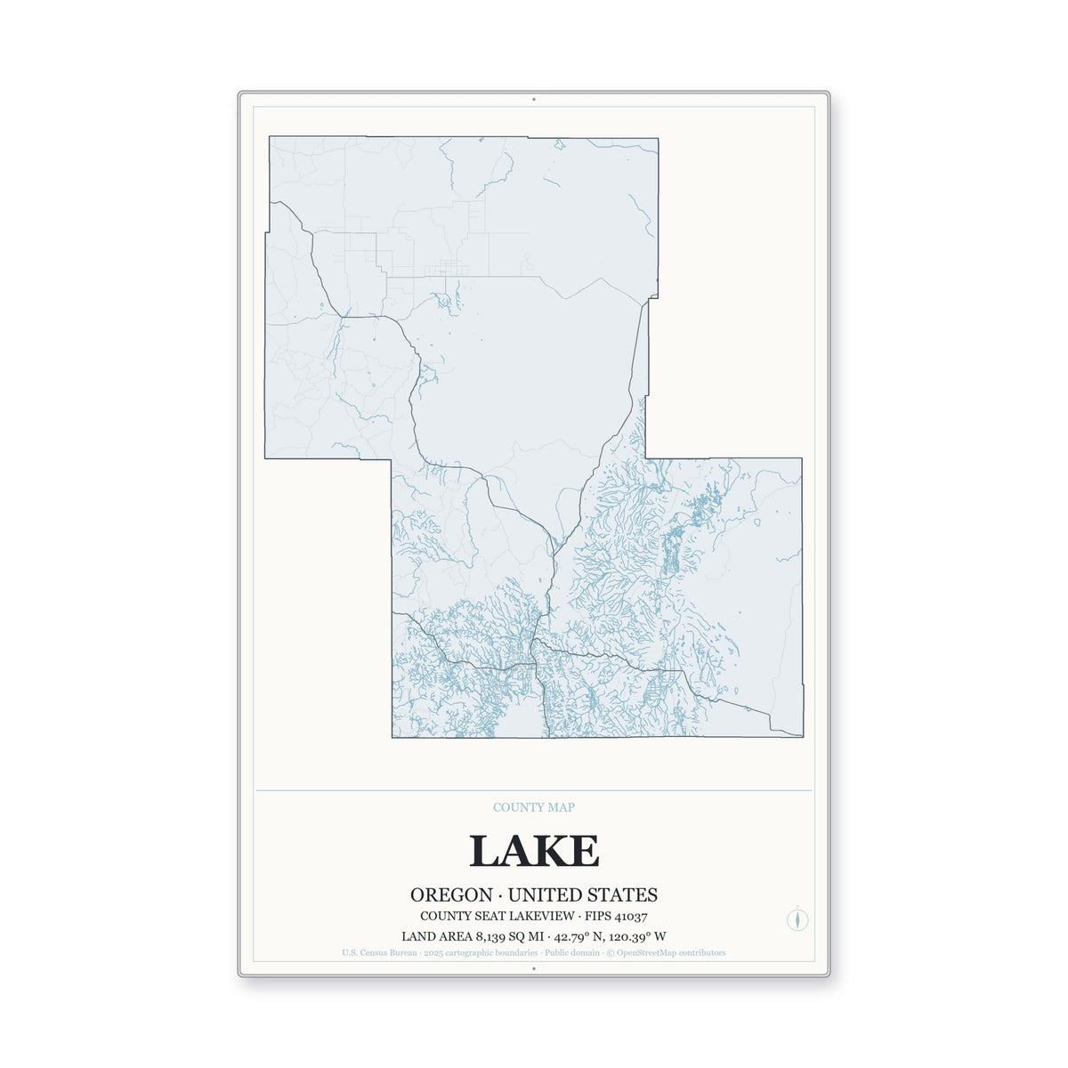 Lake County, Oregon Map Aluminum Sign in Gallery Air style