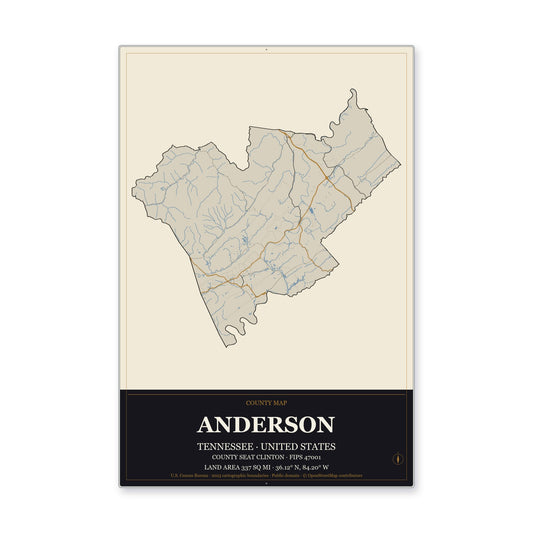 Anderson County, Tennessee Map Aluminum Sign in Museum Plaque style