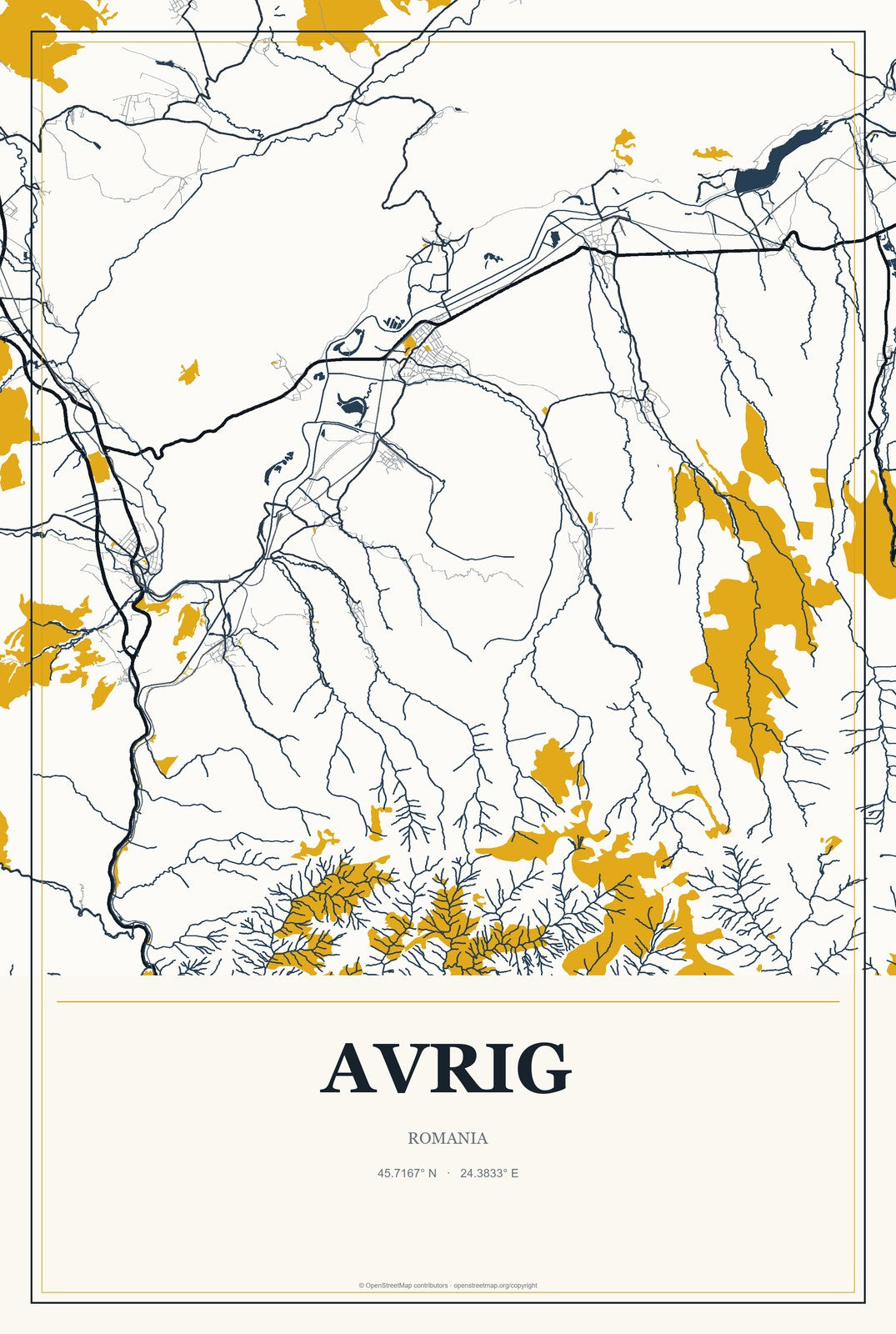 Avrig, Romania City Map Aluminum Sign in Citrine Modern style