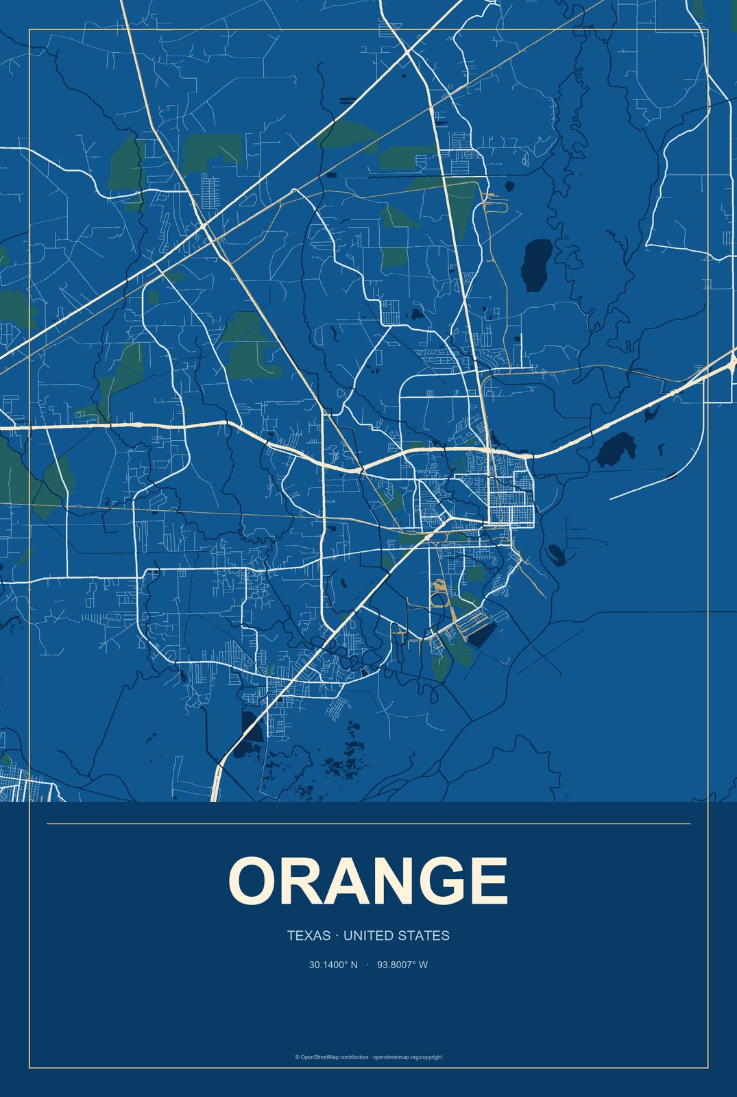 Orange, Texas City Map Aluminum Sign in Harbor Cobalt style