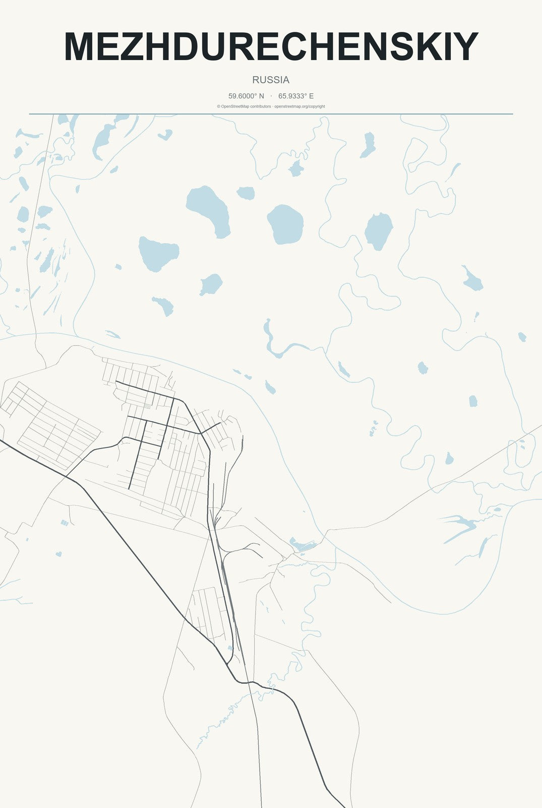 Mezhdurechenskiy, Russia City Map Aluminum Sign in Headline Atlas style