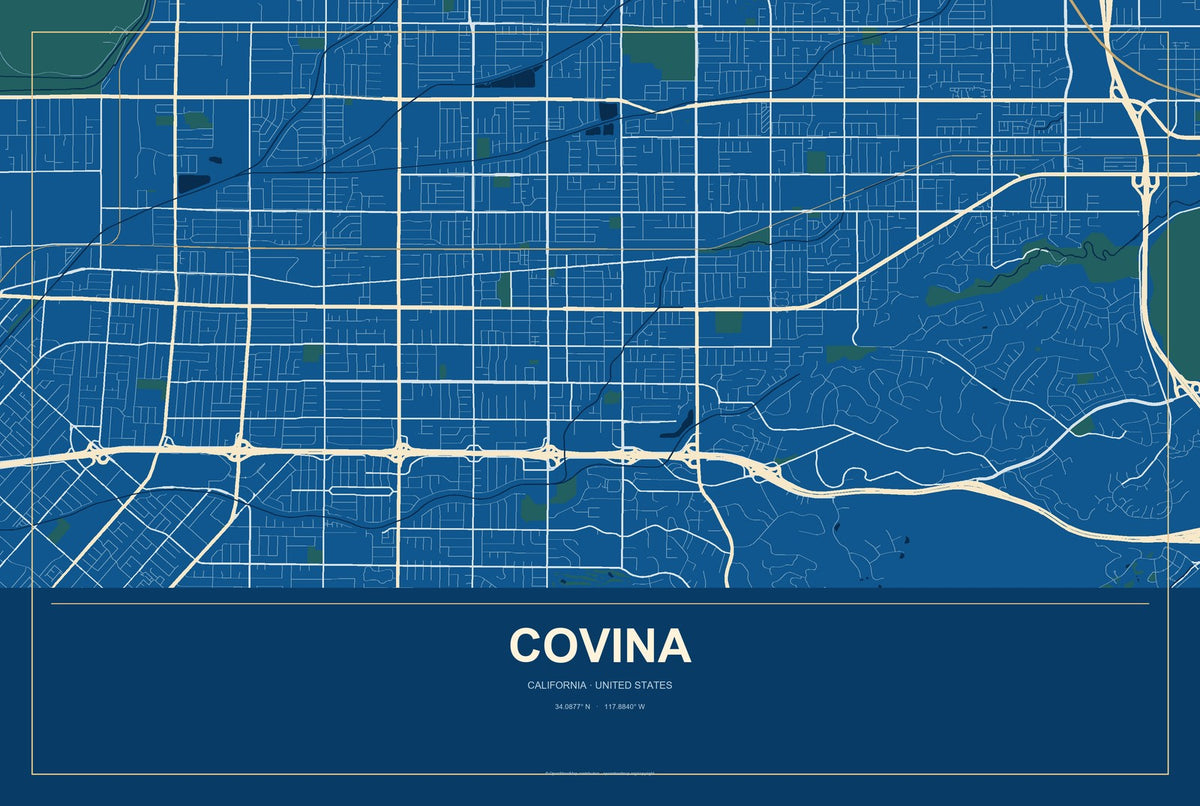 Covina, California City Map Aluminum Sign in Harbor Cobalt style
