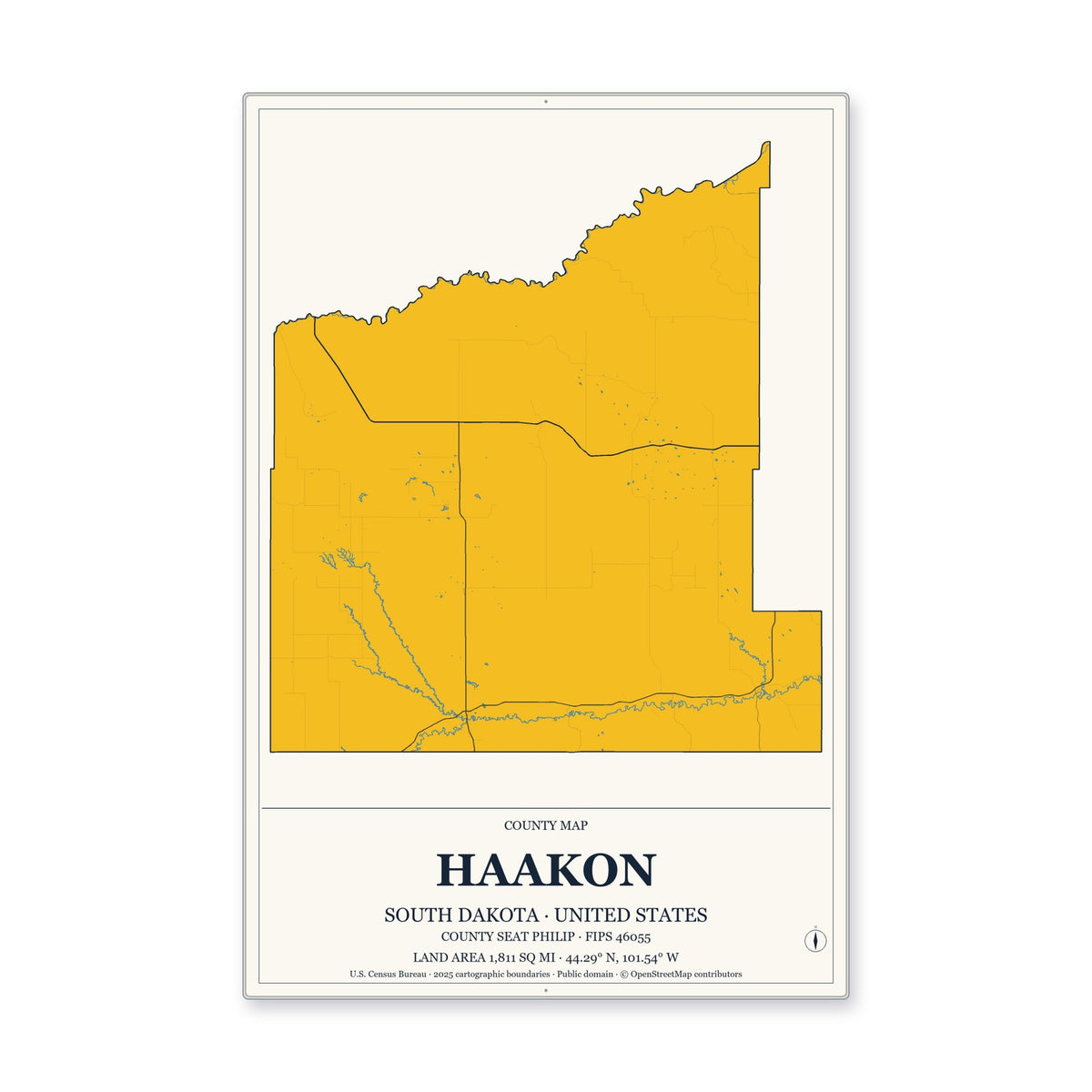 Haakon County, South Dakota Map Aluminum Sign in Citrine Modern style