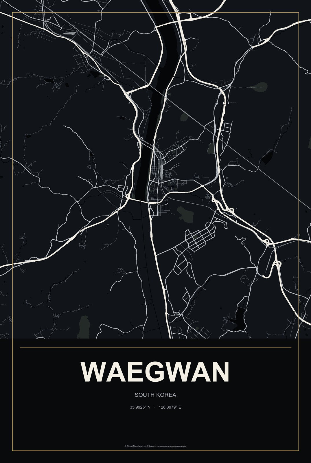 Waegwan, South Korea City Map Aluminum Sign in Metropolitan Noir style