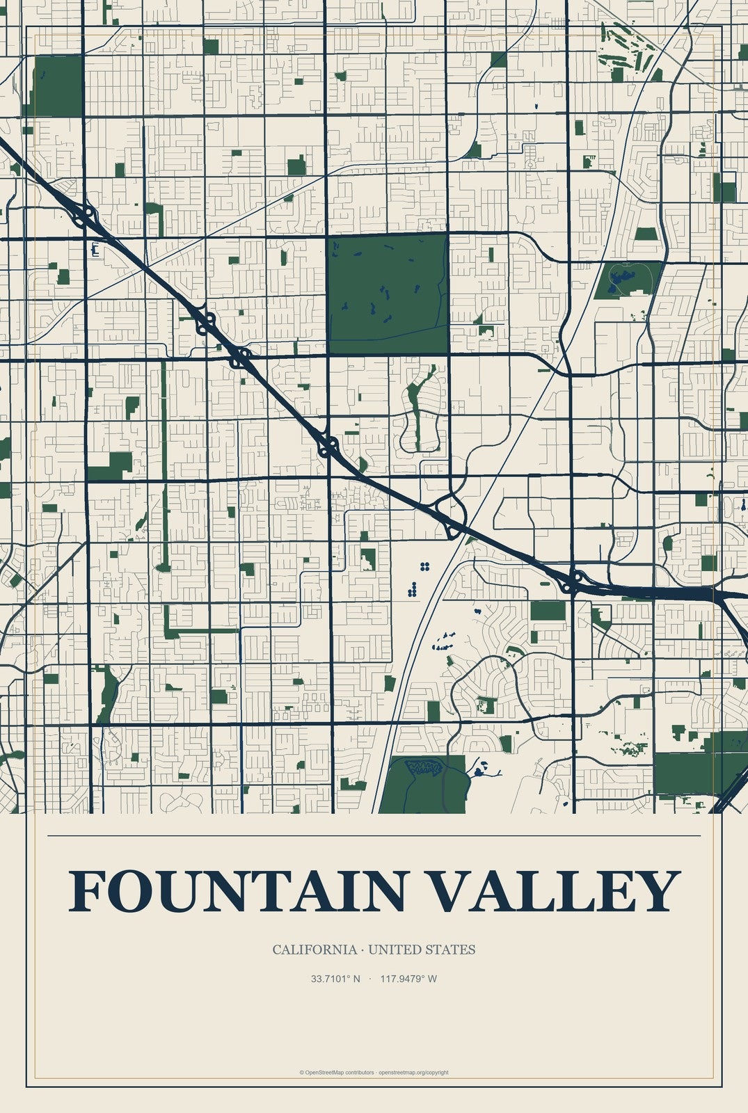 Fountain Valley, California City Map Aluminum Sign in Coastal Cutout style